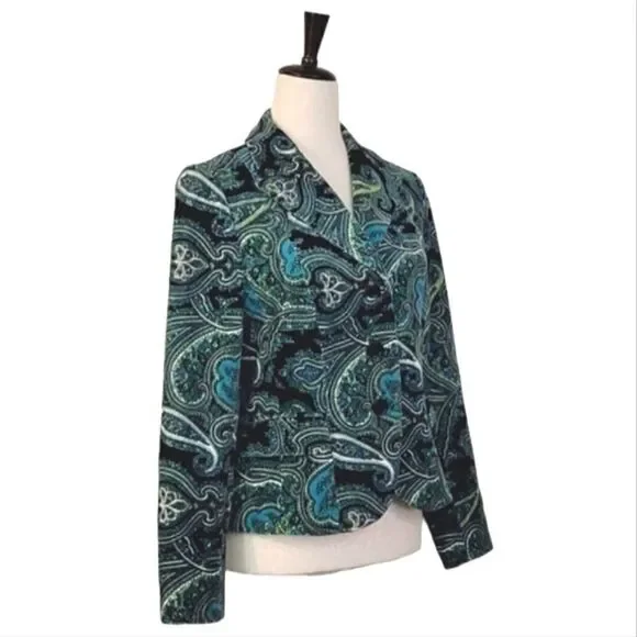 Talbots Teal Paisley Patterned Velvet Stretch Buttoned Blazer Size 4 - Picture 2 of 9